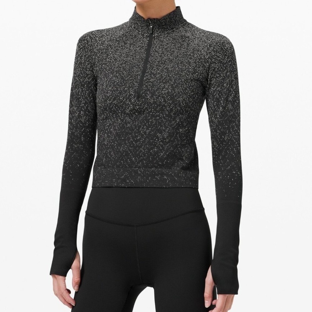 Lululemon Rest Less Half Zip Pullover crop Black White Static Herringbone  4 gym